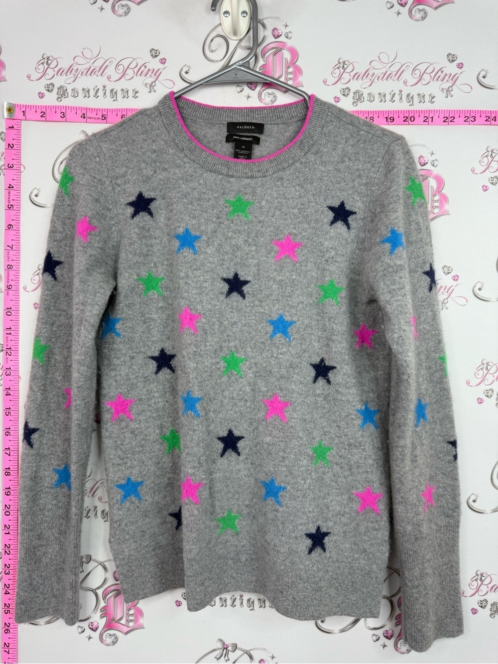 Halogen cashmere Gray Crewneck Sweater with Pink, Blue, Green & Navy Stars